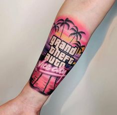 a person with a tattoo on their arm that says grand theft burbo and palm trees