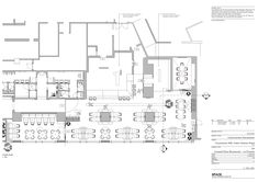 the floor plan for a restaurant with tables and chairs, an open air kitchen and dining area