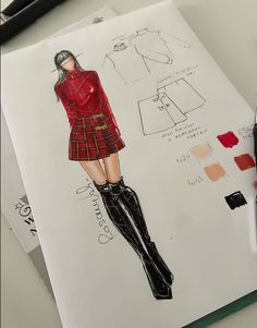 a drawing of a woman in a red jacket and plaid skirt with black boots on it