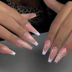 Rhinestone Glitter Powder White French Long Ballet Fake Nails Fashion Detachable Finished False Ongles Bling Bling, Ballet Nails, Nagel Tips, Gradient Nails, Nail Length, Prom Nails, Stick On Nails, Nail Art Hacks, Artificial Nails