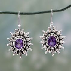 Dazzling sunbursts showcase faceted amethysts that total 6 opulent carats. From Neeru Goel in India these earrings are handcrafted of sterling silver. .925 Sterling silver Fine Jewelry Amethyst Earrings For Pierced Ears, Fine Jewelry Amethyst Earrings With Gemstone Accents, Purple Gemstone Accented Round Earrings, Amethyst Dangle Earrings Fine Jewelry, Purple Gemstone Accent Round Earrings, Amethyst Earrings With Gemstone Accents, Gift, Fine Jewelry Amethyst Dangle Earrings, Round Purple Earrings With Gemstone Accents, Purple Round Earrings With Gemstone Accents