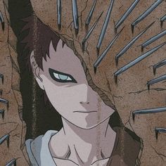 an animated image of a man with blue eyes looking up at the sky and surrounded by nails