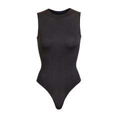 This crew neck sleeveless bodysuit lightly contours your body while being comfortable for all-day wear. Features a raw cut neckline, double snap closure at the bottom gusset, and a thong back for no panty lines. Fits true to size. | SKIMS Essential Crew Neck Sleeveless Bodysuit | Black | Essential Bodysuits Onyx Colour, High Neck Bodysuit, Mock Neck Bodysuit, Scoop Neck Bodysuit, Cami Bodysuit, Square Neck Bodysuit, Long Torso, Sleeveless Bodysuit, Women's Shapewear