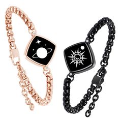 two bracelets with black and rose gold chains, one has an image of the sun and