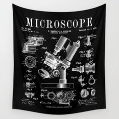 a black and white wall hanging with an image of microscopes on the back ground