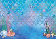 an underwater scene with bubbles, starfish and seashells on blue water background