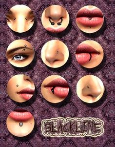 various images of different types of lips and nose piercings on a purple lace background