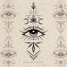 an all seeing eye surrounded by ornamental designs and leaves on a beige background with the words cherish tattoos written below it