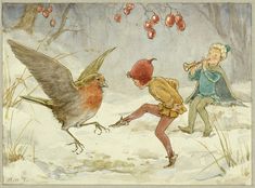 two children are playing in the snow with a bird on their hand and another child is feeding them