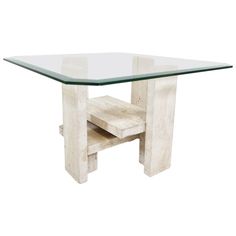 a glass table with two wooden legs and a square top on the bottom, sitting against a white background