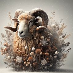 a sheep with horns and flowers in the snow, surrounded by frosted grass on a gray background