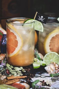 two glasses filled with drinks and garnished with oranges, lemons, and spices