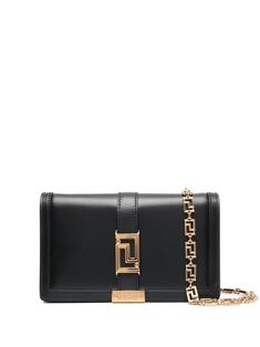 black calf leather gold-tone hardware signature La Greca plaque foldover top with magnetic fastening main compartment internal zip-fastening pocket internal card slots signature La Greca chain shoulder strap Versace Wallet, Versace Bags, Mini Handbags, Black Cross Body Bag, Roberto Cavalli, Leather Mini, Smooth Leather, Jimmy Choo, Mini Bag