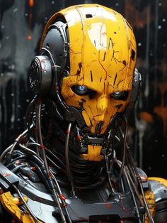 a yellow robot with headphones and wires