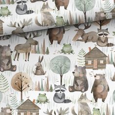 an animal themed wallpaper with many different animals in the woods and trees on it