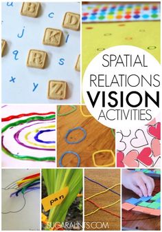 several different pictures with the words spatil relationss vision activities written on them