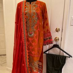 New Never Worn! Heavily Embroidered 3 Piece Dress. Embroidered Chiffon Dupatta. Pure Chiffon Shirt And Cotton Jacquard Trouser. Size Medium. 3 Piece Dress, Embroidered Chiffon, Pure Chiffon, Chiffon Dupatta, Chiffon Shirt, Piece Dress, Color Orange, Indian Fashion, 3 Piece