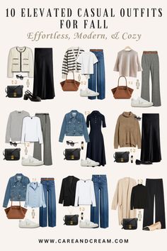 Elevated casual fall outfits for women—a curated collection of 10 autumn outfit options that combine ease with style. Get inspired by our fall fashion outfits and create your own fall outfit ideas. Boost your fall style and build a versatile fall capsule wardrobe. Discover cute, classy, and cozy everyday fall outfits; this is a must-read for anyone loving casual fall fashion. Women Fall Capsule Wardrobe, Autumn Women Outfits 2024, Style For Autumn 2024, Packing Light For Autumn Travel, 10 Days Travel Outfits Fall, 2024 Fall Winter Outfits, Cozy October Outfit, Womens Fall Capsule Wardrobe 2024, Versatile Outfits Capsule Wardrobe