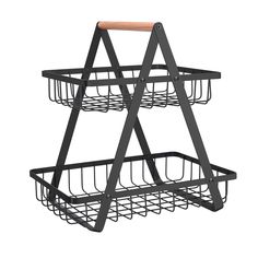 a black metal rack with two baskets on the top and one is holding a wooden handle