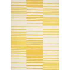 a yellow and white rug with vertical stripes on the bottom, in various sizes and colors