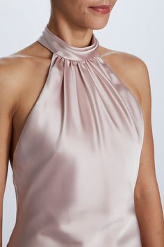 High-neck halter cocktail dress. Shown is Rose-Quartz Fluid Satin. High Neck Cocktail Dress Classy, Cocktail Dress Halter Neck, Halter High Neck Dress, Halter Neck Silk Dress, Sleeveless Dress With Gathered Neckline For Party, Glamorous Silk Halter Dress For Night Out, Chic Formal Dress With Gathered Neckline, Elegant Satin Dress With High Neck, Elegant Party Dress With Gathered Neckline