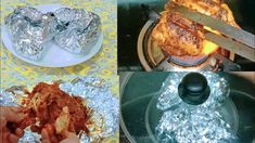 four different pictures showing food being cooked on the stove top and in foil wrapped around them