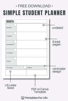 a simple student planner with the text free printable