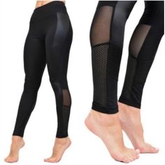 Brand New With Tag. Size L. Polyester And Spandex. High Waist. Waist: 14" Rise: 10.5" Inseam: 26" Leg Opening: 4.5" Black Elastic Athleisure Leggings, Black Elastic Workout Leggings, Fitted Mesh Yoga Pants For Sports, Fitted Moisture-wicking Mesh Yoga Pants, Black Gym Leggings With Mesh Back, Black Leggings With Mesh Back For Gym, Black Nylon Leggings With Mesh Back, Black Mesh Leggings For Gym, Black Athleisure Leggings With Mesh Back