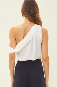 Available for local pickup in Baton Rouge, Louisiana -satin -one shoulder -folded neckline Model is wearing a size small With Love<3 Baton Rouge Louisiana, One Shoulder Top, Satin Blouse, One Shoulder Tops, White Satin, Pair Of Pants, Bra Cups, Louisiana, Dress Length