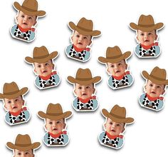 a bunch of stickers with a baby in a cowboy hat on it's face