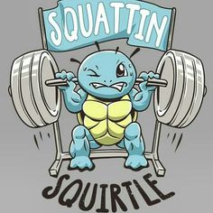 a cartoon turtle lifting a barbell with the word squattin on it