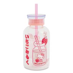 the hello kitty drink bottle has a straw in it