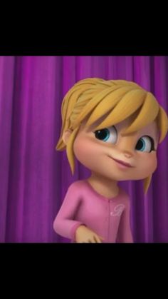 a cartoon girl with blonde hair and blue eyes standing in front of purple curtaines