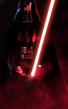 darth vader in the dark with red light coming from his helmet and lights up