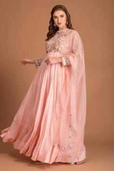 Shop for House of Tushaom Pink Silk Anarkali With Dupatta for Women Online at Aza Fashions Sequin Anarkali, Anarkali With Dupatta, Pink Anarkali, Silk Anarkali, Tulle Embroidery, Silk Tulle, Pattern Embroidery, Designer Gowns, Pink Silk