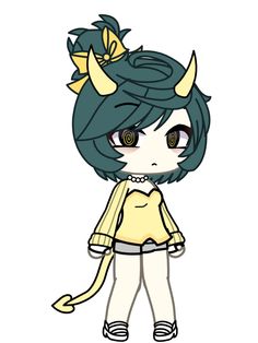 an anime character with horns on her head, wearing white pants and a yellow shirt