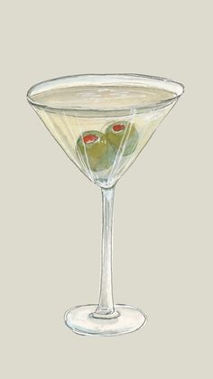 a drawing of a martini glass with olives in it