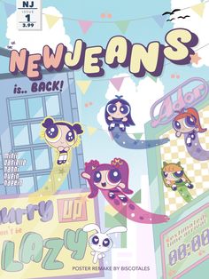 the front cover of new jeans is back, featuring cartoon characters and an image of a store