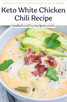 a bowl of keto white chicken chili recipe with avocado garnish