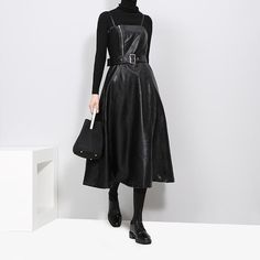 Musset Vegan Leather Dress Punk Rock Dress, Leather Dress Women, Mode Rose, Leather Midi Dress, Black Leather Dresses, Casual Belt, Estilo Chic, Sling Dress, Long Black Dress