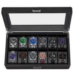 PRICES MAY VARY. WATCH BOX FOR MEN AND WOMEN: This watch organizer is made of top level faux leather, Interior is covered with grey micro suede fabric, highlight unique beauty while protecting watches from scratching 12 LARGE COMPARTMENTS: Made with 12 watches, each watch section is well spaced to fit both for big and small watches. High quality pillows made of soft sponge cushions, indeformable & soft, protect your watches from dust, damp and shake perfectly. The size for each watch slot is :3. Black Rectangular Case Watch Accessories For Formal, Modern Black Box Watch Accessories, Modern Black Box-shaped Watch Accessories, Small Watches, Watch Display Case, Mens Watch Box, Watch Organizer, Solar Watch, Watch Storage Box