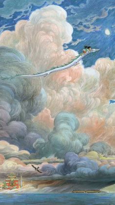 an artistic painting with clouds and birds flying in the sky