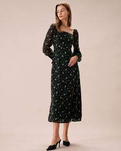 The Black Square Neck Floral Maxi Dress & Reviews - Black - Dresses | RIHOAS Poet Sleeve, Tailored Clothes, Floral Print Design, Hm Dress, Black Square, Floral Maxi, Black Maxi Dress, Floral Maxi Dress, Daily Fashion