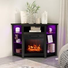 a living room with a fire place in the center and books on shelves next to it