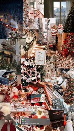 a collage of photos with christmas decorations and gifts on display in the foreground