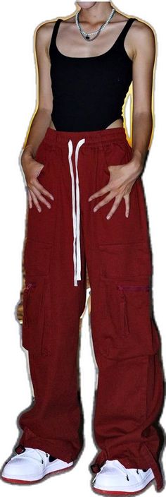 Red Baggy Hip Hop Pants, Red Baggy Parachute Pants For Streetwear, Red Baggy Cargo Pants With Pockets, Baggy Red Cargo Pants With Side Pockets, Baggy Red Harem Pants With Pockets, Red Cotton Harem Pants For Fall, Red Baggy Harem Pants With Pockets, Red Streetwear Cargo Pants, Hip Hop Wide Leg Sweatpants For Fall