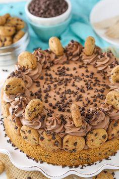 a cookie cake with chocolate chips and cookies on top