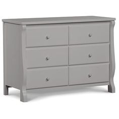 a gray dresser with four drawers and two handles