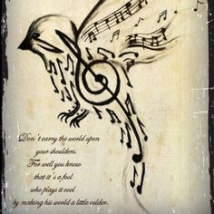 a drawing of a bird with musical notes on it's wings