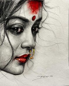 a drawing of a woman with blood on her face